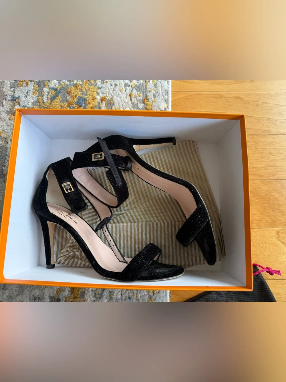 Kate Spade Isa Black Satin Ankle Strap Heels, size 7.5